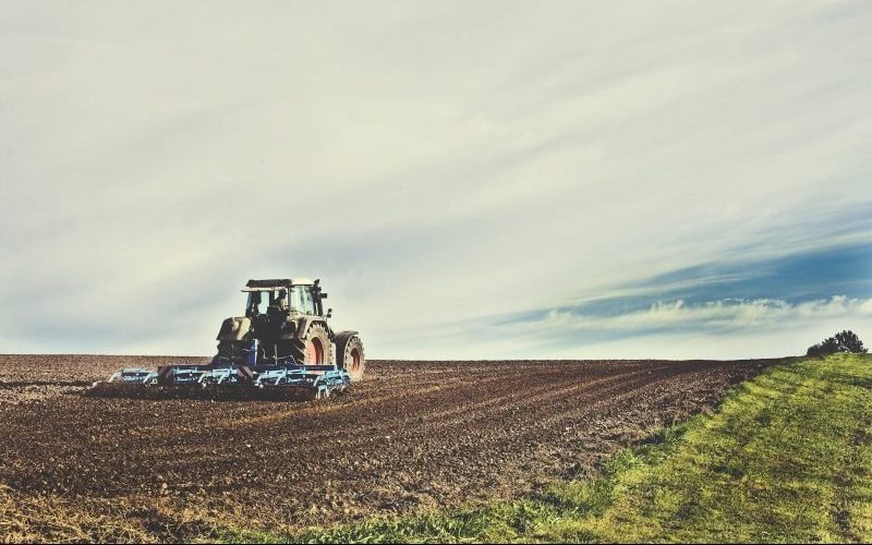 Alt Text: Traktor bei der Bodenbearbeitung auf einem Feld unter blauem Himmel.
